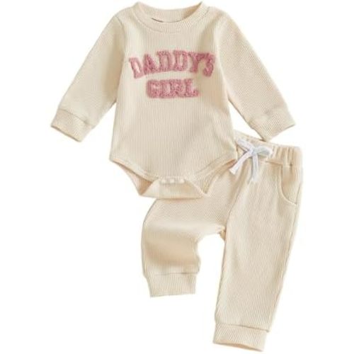 Newborn Baby Girl Fall Outfit Romper Long Sleeve Daddy Girl Embroidery Onesie Jumpsuit Bodysuit Pants Infant Waffle Clothes