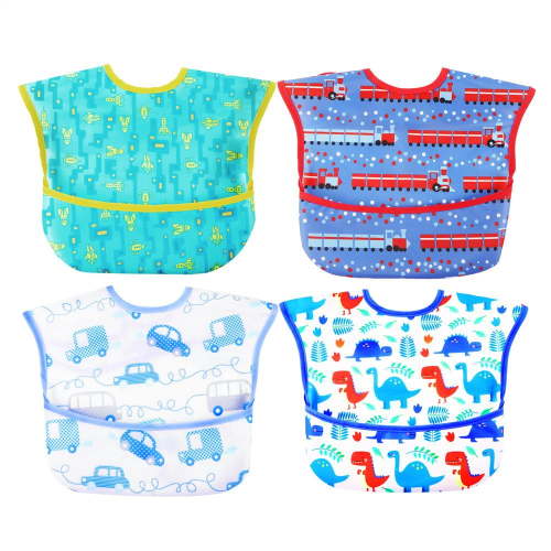 Threemushroom Baby Bibs - Waterproof, Reusable, Food Catcher, Wearable Toddler Bibs, 4Pack for 6-24 Months