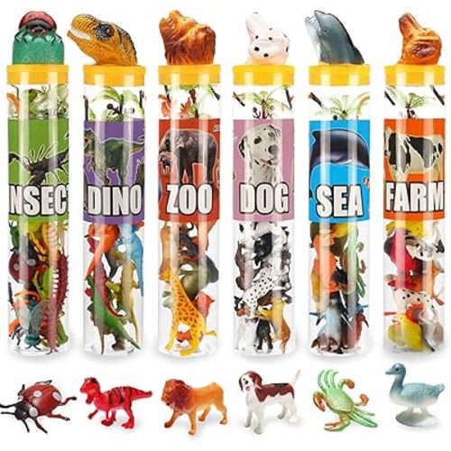 82 Piece Animal Toy, Assorted Mini Dinosaur Insect Ocean Sea Farm Jungle Animal Dog Figure, Realistic Vinyl Plastic Small Zoo Play Set for Sensory Bin Cupcake Topper Party Favors