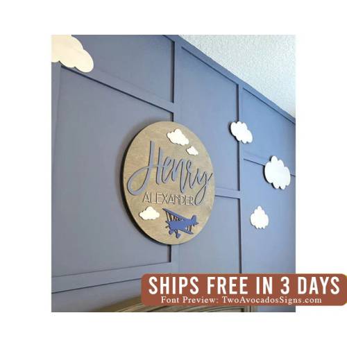 Airplane nursery name sign, round name sign, airplane nursery, boy name sign, boy nursery sign, custom airplane name sign airplane baby sign
