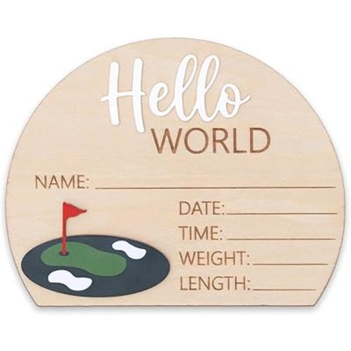 Golf Theme Wooden Birth Announcement Sign for Newborn - Hello World Golfing Plaque for Baby Boy or Girl - Hospital Name Date Weight Stat Board - Nursery Wall Decor Sports Photo Prop Gift