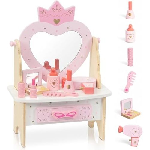 WOODENFUN Wooden Toddler Vanity Set,Pretend Play Makeup Toy for Little Girl