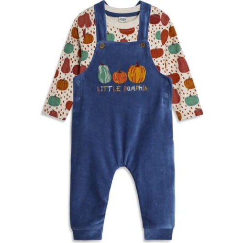 Pumpkin Print Long Sleeve Cotton T-Shirt & Velour Overalls Set, 12-18M