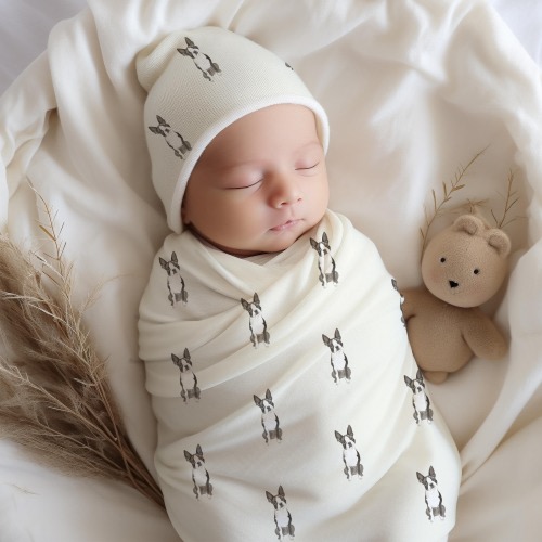 Boston terrier baby swaddle set with matching hat boston terrier dog print blanket perfect for newborn photos nursery decor take home gift