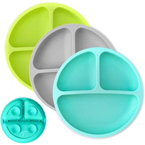Hippypotamus Toddler Plates with Suction - Baby Plates - 100% Food-Grade Silicone Divided Plates - BPA Free - Dishwasher Safe - Set of 3 (Teal/Gray/Lime)
