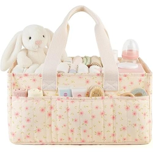 Baby Diaper Caddy Organizer with Portable Changing Mat-Portable Baby Organizers and Storage, Baby Essentials Organizer with Removable Dividers (Pink Floral)