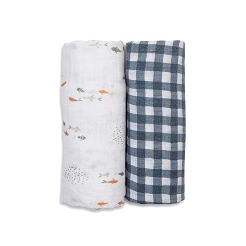 lulujo Boho Swaddle Set, Cotton Muslin Blankets, 2 Pack (Fish & Navy Gingham)