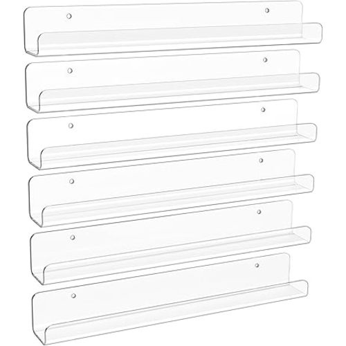 upsimples 6 Pack Clear Acrylic Shelves, 12" Nursery Bookshelves for Wall, Floating Bookshelf for Kids Baby, Vinyl Display, Record Holder, Magazine Rack, Picture Ledge Shelf