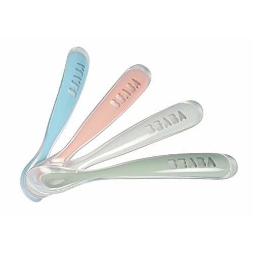 BEABA First Stage Baby Feeding Spoon Set, The Original Soft Tip Silicone Spoons for Babies, Gum Friendly BPA Lead Phthalate and Plastic Free, Great Gift Set (4 Pack), Rose