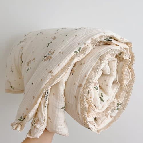 BuLuTu Cute Laurel Design Toddler Quilt Muslin Cotton Comforter Lightweight Soft Nursery Blankets Floral Beige Crib/Toddler Bed Quilted Blanket for Unisex Baby Boys Girls, 47"x59"