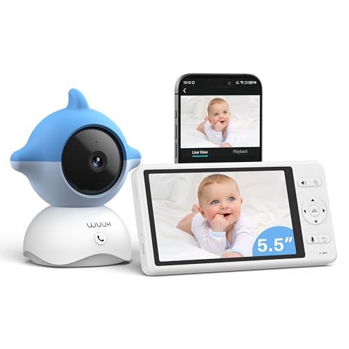 WUUK Baby 2K Video Baby Monitor, 5.5'' Baby Monitor with 360 PTZ Color Display with 135° Wide Angle, 3700mAh Battery, Night Vision, Baby Camera with App, Temper & Humidity Sensor, Cry Detection