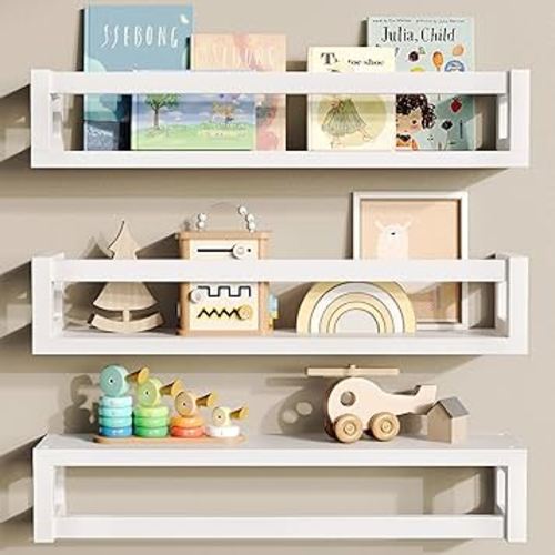 Upgraded Thick Floating Shelves, Solid Wood Bookshelf for Wall, Floating Book Shelves Use as Wall Shelves for Bedroom, Kids Room, Nursery, Books, Spice Rack & Decor - White