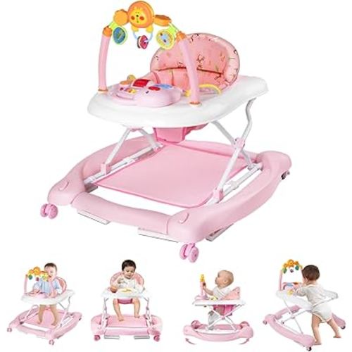 Baby Walker with Wheels, 5 in 1 Baby Walkers for Boys Girls 6-12 Months, Foldable Walker Baby with Bouncer & Feeding Tray, Music, Adjustable Heights