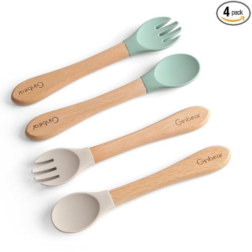 Ginbear Silicone Baby Spoons and Forks Self-feeding 12-18 Months, Soft-Tip Baby Flatware Sets, Toddler Feeding Utensils for Child, 4 Piece Set (Hazy Green/Almond)