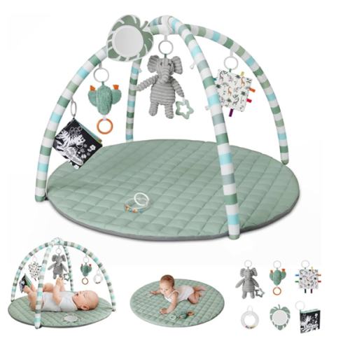 Blissful Diary Baby Play Gym Mat, Play Mat Activity Mat with 6 Detachable Toys for Stage-Based Sensory & Motor Skill Development, Easy to Install & Clean, Baby Essentials Gift, Sage Green