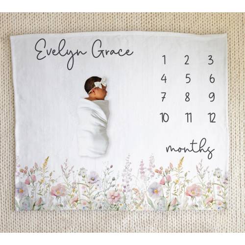 Wildflower Baby Milestone Blanket, Personalized Baby Girl Month Blanket, Pink Purple Pastel Botanical Baby Girl Blanket, Flowers Field