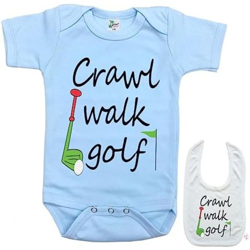 " Crawl Walk Golf " Cute Boutique Baby bodysuit onesie & matching bib