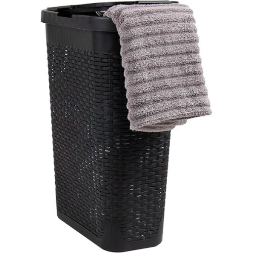 Mind Reader 40L Slim Laundry Hamper, Clothes Basket, Lid, Wicker Design, Plastic, 18"L x 10.4"W x 23.5"H, Black