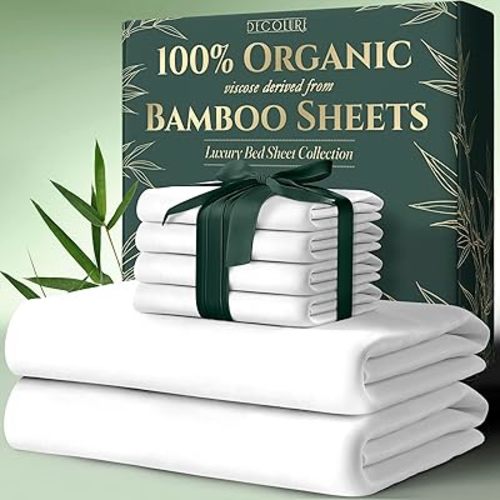 DECOLURE 100% Organic Viscose Derived from Bamboo Sheets Queen Size 6pcs - Ultra Soft & Luxuriously Cooling, 17" Deep Pocket, Double Stitching, Perfect for Hot Sleepers - Queen Bed Sheets (White)