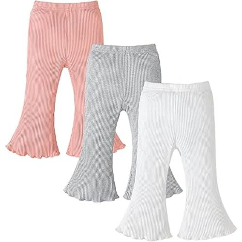 3 Pack Baby Girl Pants: Infant Solid Ribbed Flare Pants Cotton Pull On Bottoms Leggings for Toddler 0-24 Months