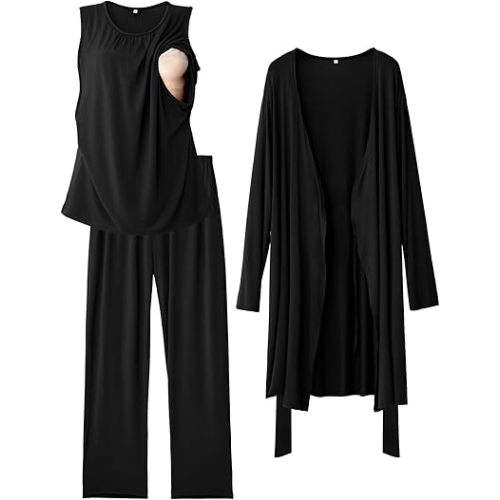 Rnxrbb Nursing Pajamas Gown Set for Women Breastfeeding Postpartum Pajama Maternity Pj for Hospital 3 PCS