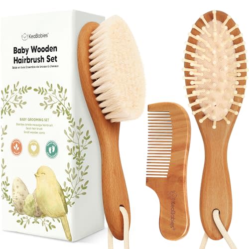 Baby Hair Brush and Comb Set for Newborn - Wooden Baby Hair Brush Set with Soft Goat Bristle, Baby Brush Set for Newborns, Baby Brush and Comb Set Girl, Boy, Toddler Cradle Cap Brush(Oval, Golden Oak)