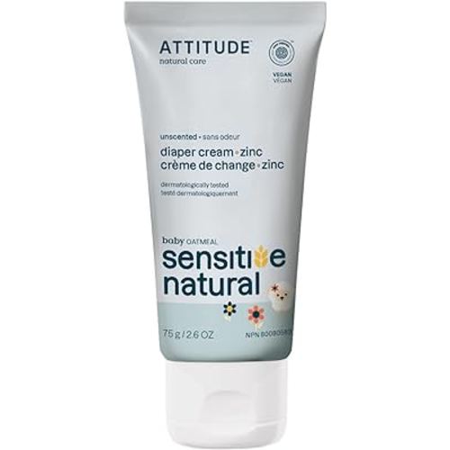 ATTITUDE Diaper Cream with Zinc & Oatmeal for Baby with Sensitive Skin, Unscented, Plant & Mineral-Based, Dermatologically Tested Vegan and Cruelty-Free, 2.6 Oz