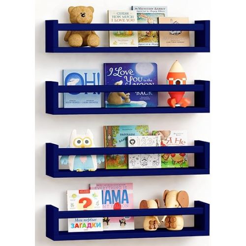 Forbena Navy Blue Floating Nursery Book Shelves for Kids Room Wall, Decorative Wall Bookshelf for Baby Boy Bedroom, Small Wood Hanging Bookshelves Wall Mounted for Little Boys Room Bathroom (Set of 4)