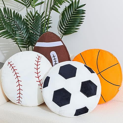 Juexica 4 Pcs Sports Throw Pillows Fluffy Stuffed Soccer Basketball Baseball Pillow Plush Toy Sport Cushion for Room Decor Birthday Present(Large,Fabric)