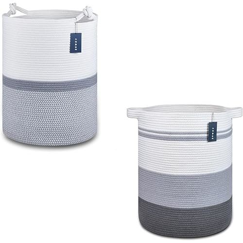 COMSE 2 Pack Tall Laundry Baskets, Tall Blanket Baskets, Laundry Hampers, Cotton Rope Baskets, Toy Baskets, Clothes Baskets, 15.7" x 21.7", Gray
