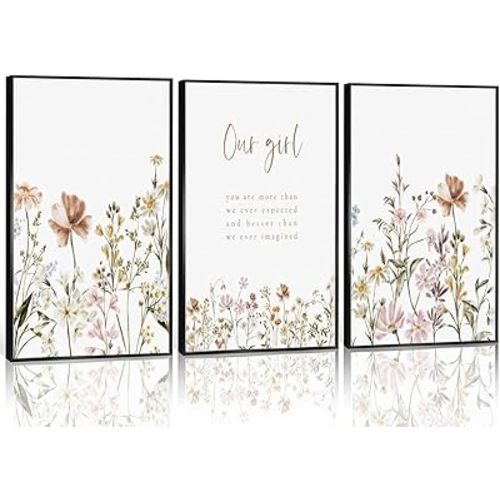 3 Pcs Wildflower Wall Art Poster print Girl Nursery Wall Decor Flower picture artwork Floral Botanical Painting for Baby Girl Nursery Office Inspirational Wall Decoration,Unframed16x24in