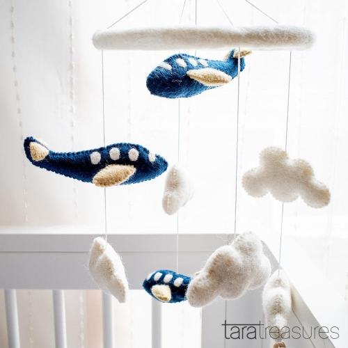 Navy Blue Airplanes Aeroplanes Baby Cot Crib Mobile Wool Felt / Felted Navy Blue Airplane Mobile