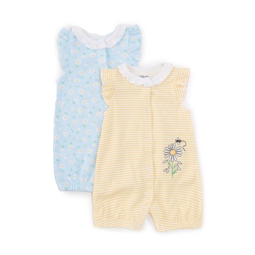 Little MeLittle Me Baby Girls 3-12 Months Flutter-Sleeve Floral Leaf Printed Romper & Pindot Floral Motif Romper Two-PackBaby Girls 3-12 Months Flutter-Sleeve Allover Daisy Print Romper & Striped Daisy Motif Romper Two-Pack