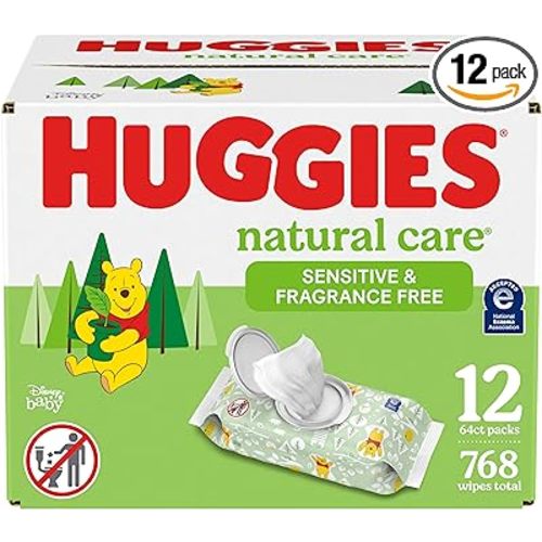 Huggies Natural Care Sensitive Baby Wipes, Unscented, Hypoallergenic, 99% Purified Water, 12 Flip-Top Packs (768 Wipes Total), Packaging May Vary - 64 Count (Pack of 12)