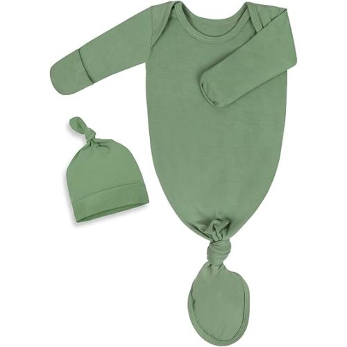 Newborn Knotted Baby Gown 0-6 Months, Super Soft Breathable Nightgowns for Babies Girl and Boy, Baby Girls Coming Home Hospital Outfit with Hat Set Green