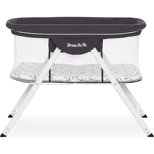 Dream On Me Poppy Traveler Portable Bassinet in Dark Grey, Lightweight, Spacious and Convenient Mesh Design, JPMA Certified, Easy to Clean and Fold Baby Bassinet - Carry Bag Included