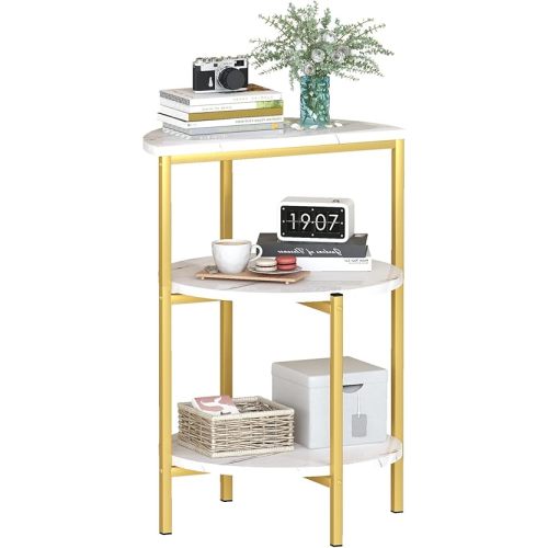Marble Side End Table, 3-Tier Sofa Side Table,Small Round Coffee Table Bedside Table, Corner Table w/Metal Frame for Living Room Bedroom, White+Gold, 1 PCS
