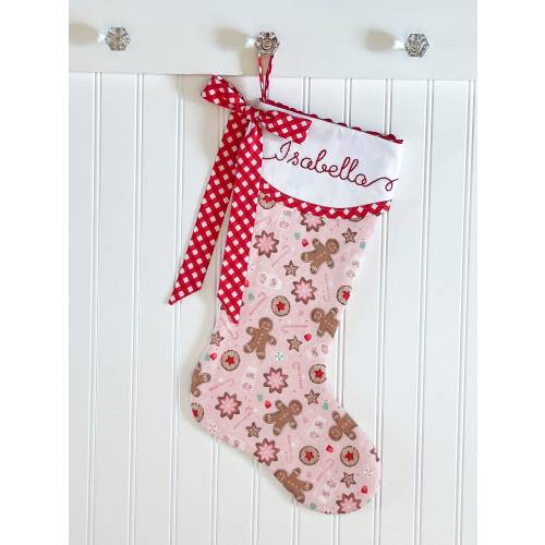 Pink Gingerbread Christmas Stocking Personalized with Hand Embroidery - Perfect for Baby Girl First Christmas