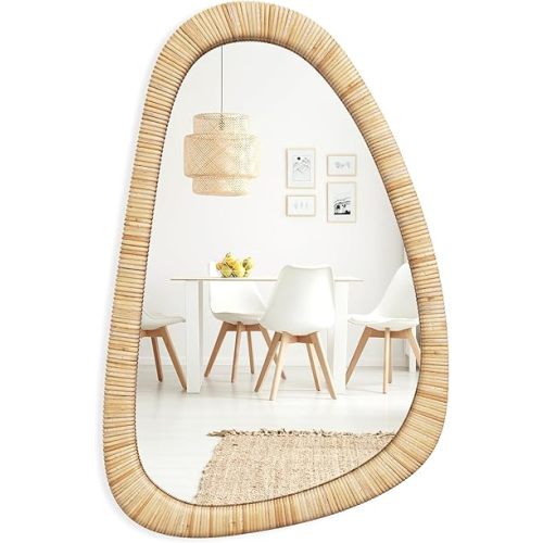 Barnyard Designs Rattan Bathroom Mirror – Rustic Farmhouse Style Handmade Wicker Rattan Frame - Boho Mirror for Nursery Wall Décor (20" x 30", Asymmetrical)