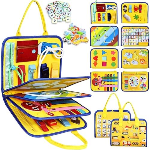 Esjay Toddler Busy Board Montessori Toys for Boys Girls, Sensory Board Educational Activities for Learning Fine Motor Skills, Birthday Gifts for Toddlers, Travel Toys for Airplane Car, Yellow Truck