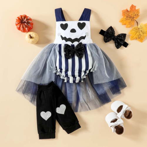 Herrnalise Toddler Infant Baby Boys Girls Clothes Halloween Three-Piece Sleeveless Jumpsuit Skirt Headband Pumpkin Ghost Printed Outfits summer sale !