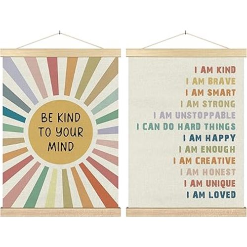 BCUANGD Positive Affirmations Wall Decor - Mental Health Wall Art Poster Hanger with Wood Frames, Inspirational Colorful Sunshine Wall Hanging Canvas Decor for Home Kids Room, 12x16 Inches