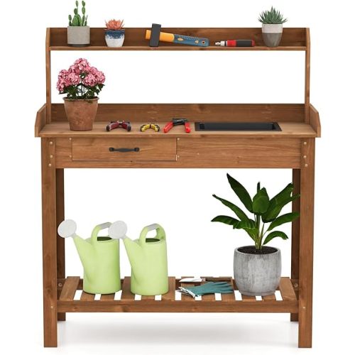 HAPPYGRILL Potting Bench, Wooden Garden Table Work Station, Wood Potting Benches for Outside w/Storage Shelves, Drawer, Removable Sink, Outdoor Potting Table for Patio Lawn Greenhouse