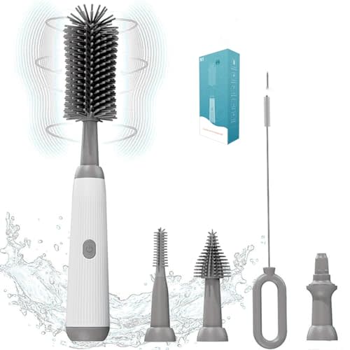 Electric Bottle Brush Set, 360°Automatic Bottle Brush Cleaner with 3 Sizes Replaceable Silicone Bottle Brush and Extension Handle for Long Bottles,Straw Cleaner Brush,IPX65& Rechargeable(Grey)