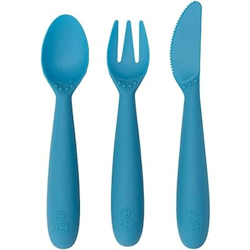 ezpz Happy Utensils - 100% BPA Free Fork, Spoon & Knife for Toddlers + Preschoolers + Self-Feeding - Designed by a Pediatric Feeding Specialist - 24 Months+ (Blue)