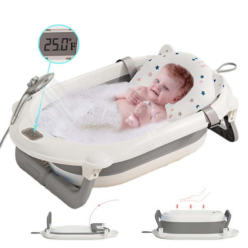 AJONALAA Folding Baby Bathtub with Real-Time Temperature & Showerhead Holder,Portable Infant Tub(Gray,Pad)