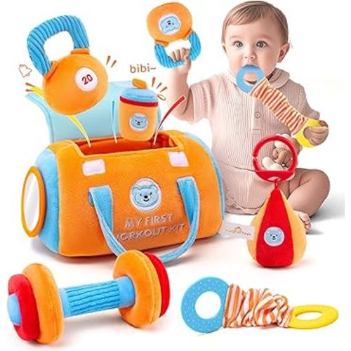 Baby Toys 3-6-12 Months Sensory Toy for Babies Workout Dumbbell Weights Toy Set with Rattles,Crinkle,Mirror & Teether,Montessori Toys for 6 Month Old Infant Baby Girl Boy Gifts