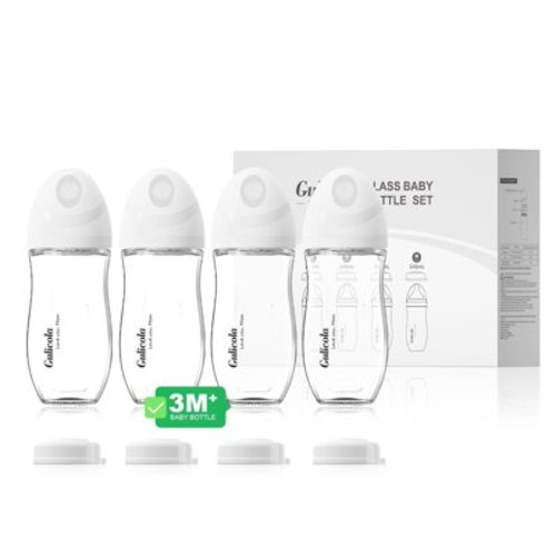 Gulicola Natural Glass Baby Bottle set 8 oz for Breastfed infant, Anti-Colic,Ink free, Medium Flow Nipple, 3 Months +, 4 Pack