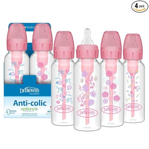 Dr. Brown's Natural Flow Anti-Colic Options+ Narrow Baby Bottle, Pink Floral, 8 oz/250 mL, with Level 1 Slow Flow Nipples, 0m+, 4 Pack