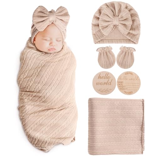 AQOKKA Newborn Receiving Blanket with Bow Hat Mittens Wooden Card Set Wheat-Pattern Newborns Toddler Baby Boy Girl Nursery Swaddle Wrap